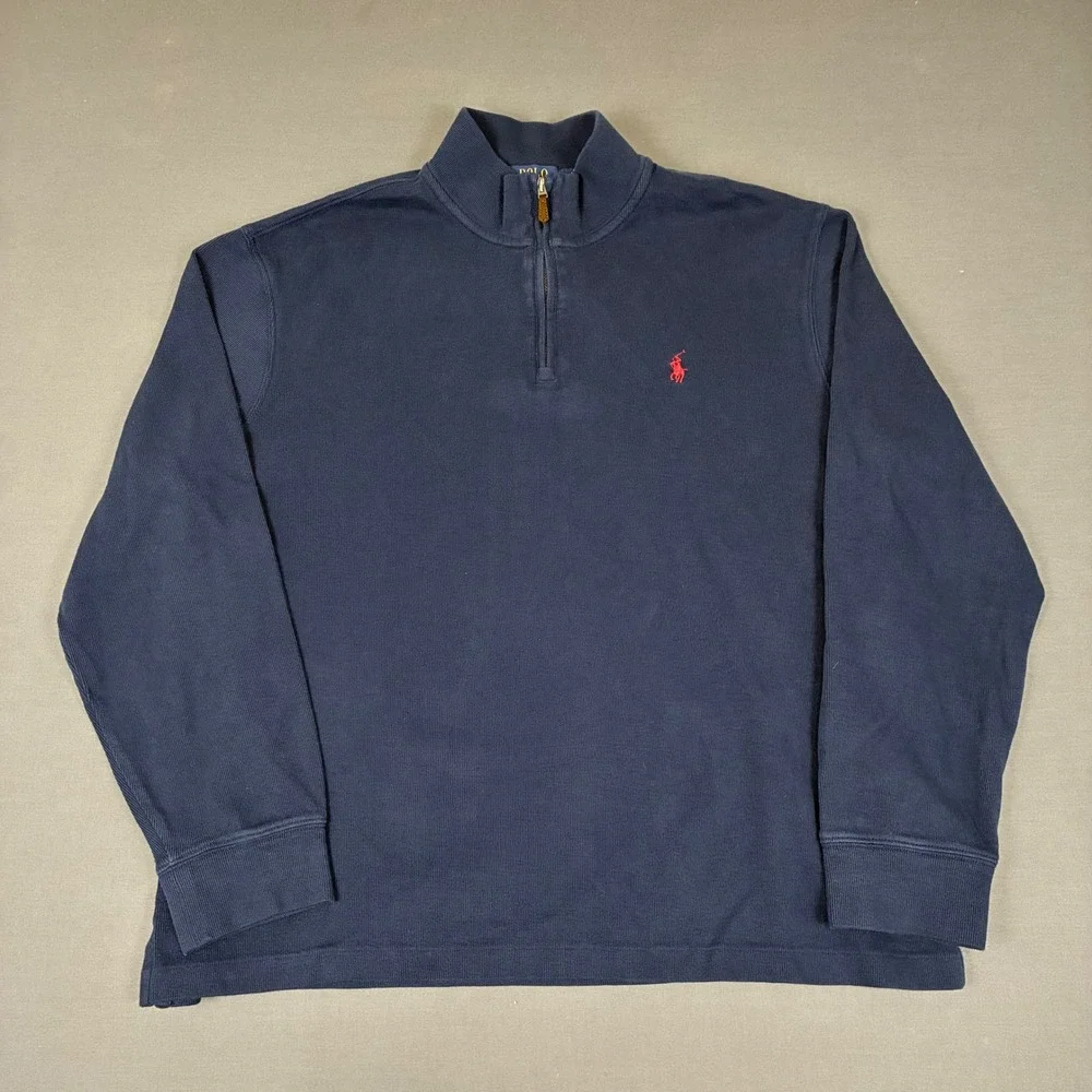 Polo Ralph Lauren Estate Rib Navy Blue Quarter Zip Sweater Men's Large Red Pony